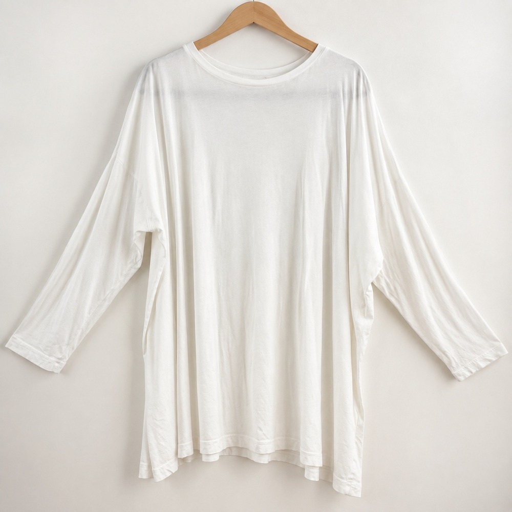 Eskandar Quiet Luxury Minimalist Tee Women O/S White Pima Cotton Lagenlook Clean